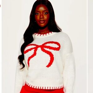 Fashion nova Bow Whipstitch Sweater Ivory/combo -white & red Christmas holiday